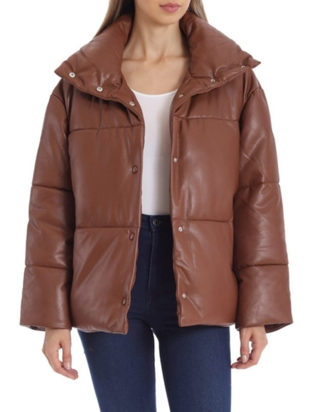 Avec Les Filles Oversized Faux Leather Puffer Jacket Brown Saddle